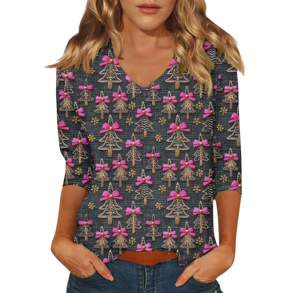 Women's Casual Fashionable Sexy Comfortable V-Neck Christmas Three-Quarter Sleeve Top