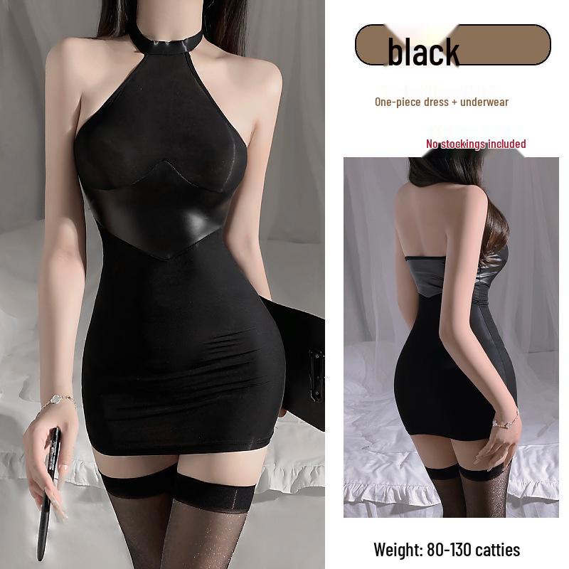 Ice Liuguo Sexy Patent Leather and Silk Spliced Bodycon Secretary Lingerie Dress