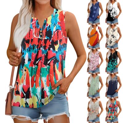 Women's Summer Vest Loose Solid Color Button V-Neck Casual Sleeveless Shirt Tops