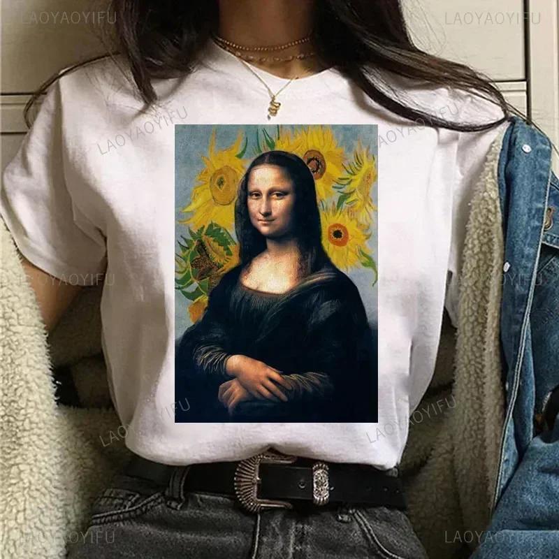 Vintage Humor Mona Lisa Print Women Fashion Top Funny Rose Mona Lisa T-Shirt Classic Camise Breathable Short-sleev
