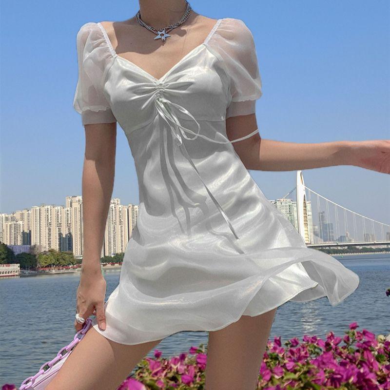 

Spring and Summer Fashion Independent Station Sexy Retro Waist-Controlled Princess Dress Puff Sleeves Transparent Organza Mini Dress White S
