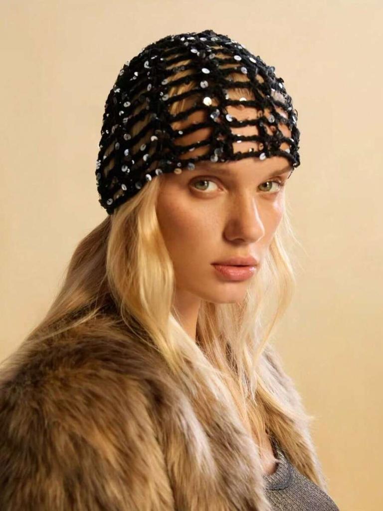 1pc Bohemian Style Solid Color Hollow Sequin Knit Beanie Hat