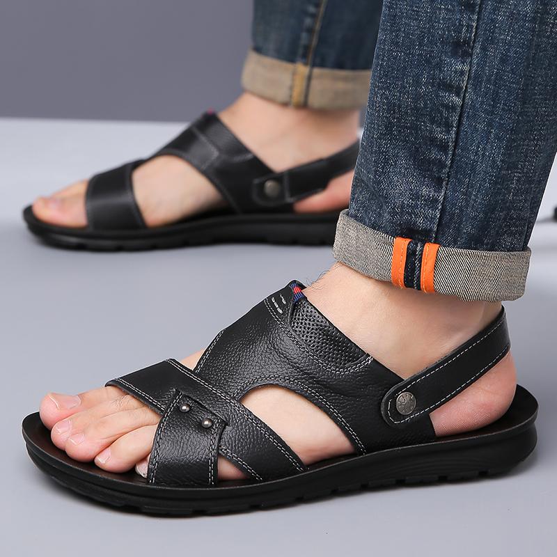 Herren Schwarz Leder Sandalen Sommer Braun Outdoor Wandersandalen Outdoor Breite Zehenpartie Strandschuhe für Vater Übergröße