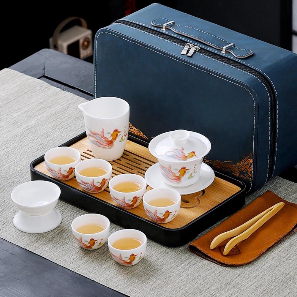 Chinese tea set, white jade tea set, Kung Fu tea set, Kung Fu tea set, 6 cups portable ceramic tea set large