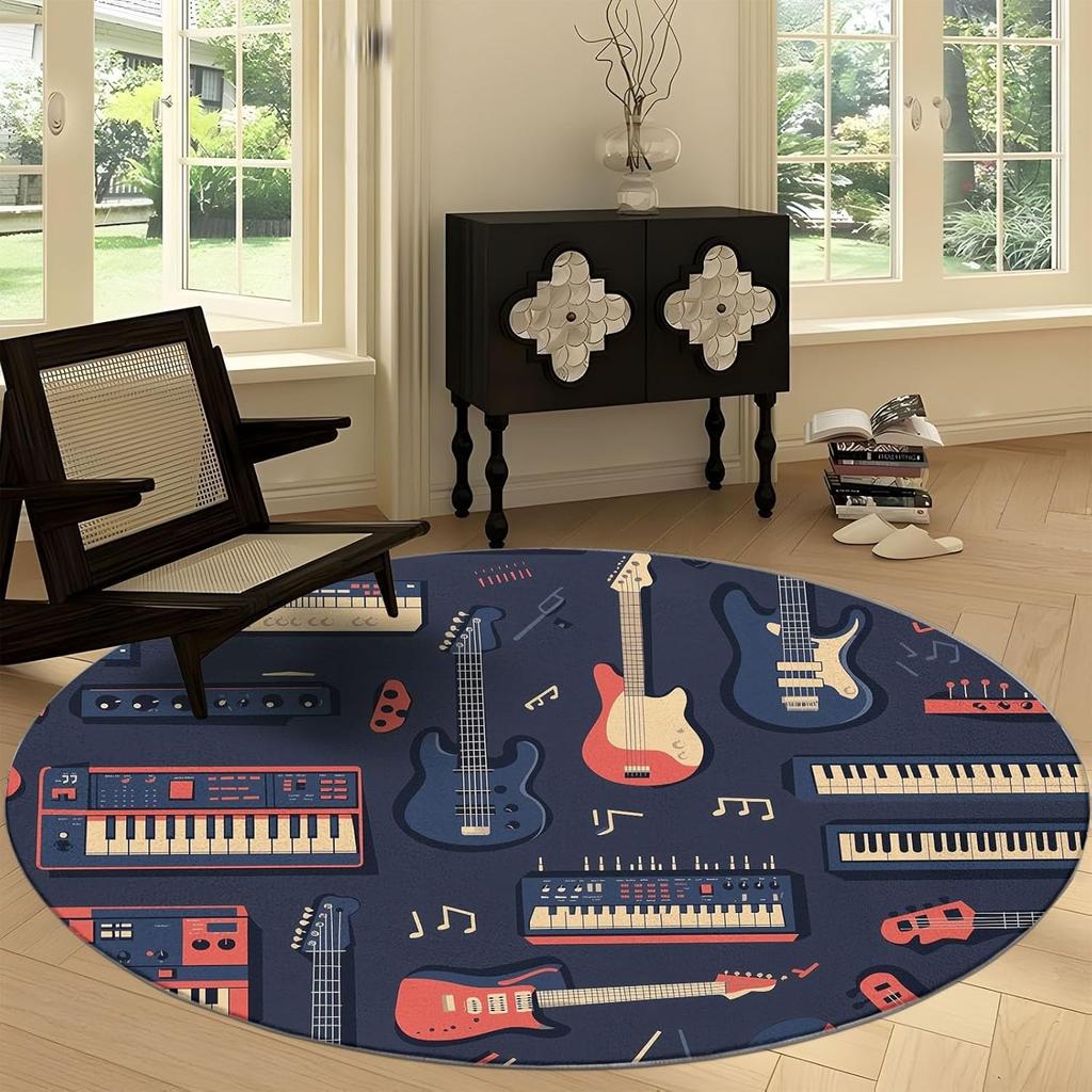Music Color Piano Key Notes Print Round Area Rug,Cartoon Style Washable Circular Carpet Runner - Non Slip Circle Rug Carpet Mat