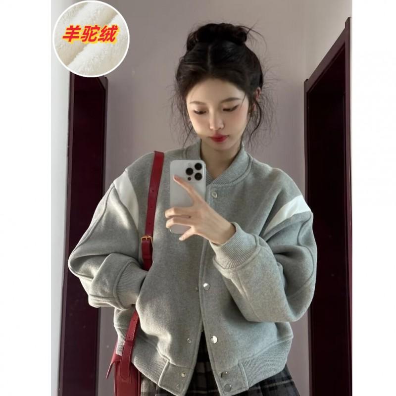 Womens Oversized Baseball Jacket Winter French Chic Cropped Fleece Lined Coat With Colorblock Design