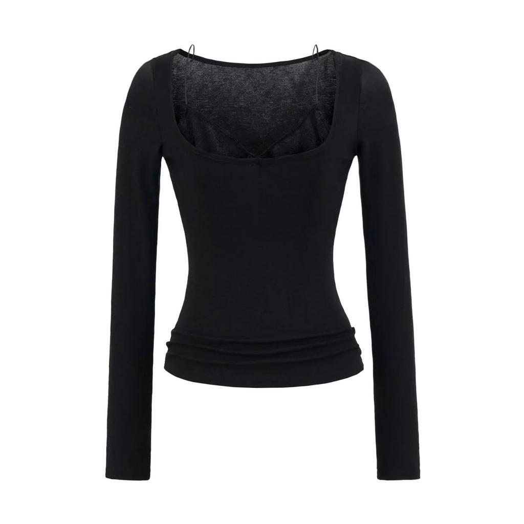 Women's Patchwork Lace Trim Slim Fit Long Sleeve T-Shirt for Spring/Autumn - Spicy Girl U-Neck Two-Piece Style