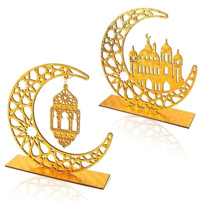 2 ks Dřevěné Ramadan Islámské Eid Mubarak Kareem Stolní Značky Měsíc Dutá Hvězda Ozdoba pro Muslimskou Párty Stolní Dekorace Domácí Umělecká Řemeslná Dekorace