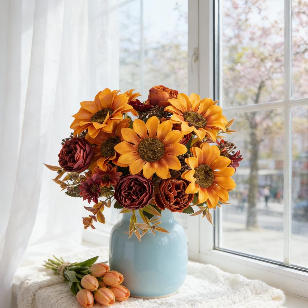 Artificial Flowers Silk Holding Sunflower Festival Wreath Wedding Brial Bouquet Home Room Table Arrangement Vase Decora Diy Gift
