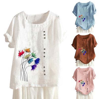 Women's Cotton Linen Round Neck Short Sleeve With Button Tops Printed T-shirt