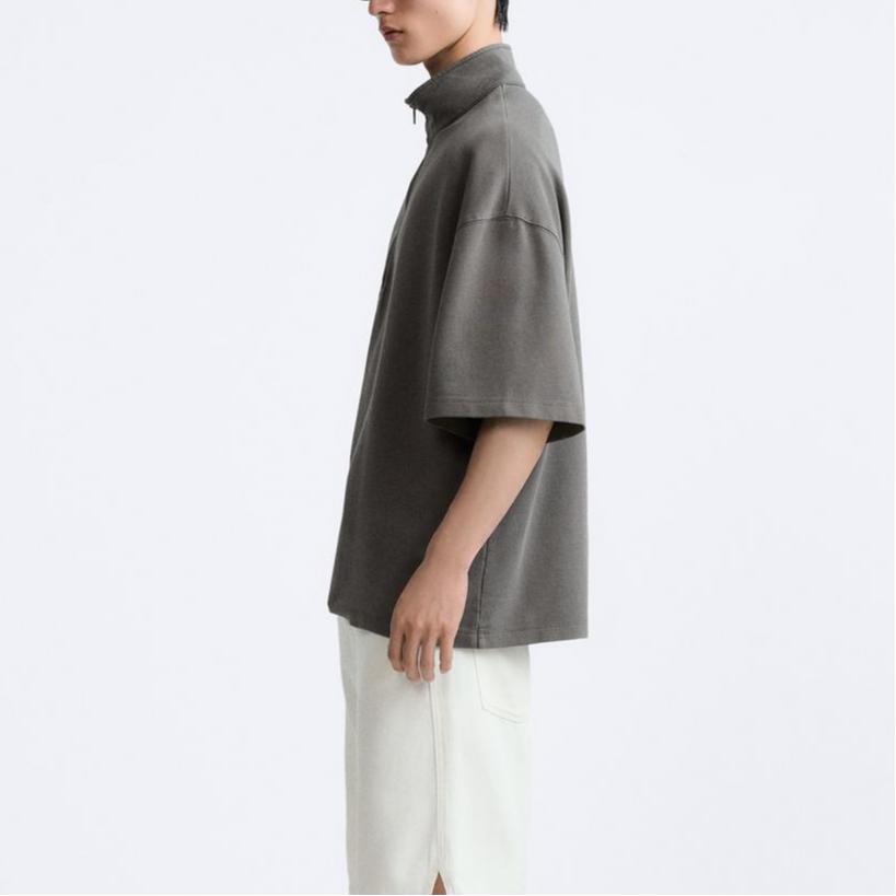 Zara Solid Color Stand Collar Pullover Short Sleeve Sweatshirt Men Sweatshirt Medium-Gray 2795310-809