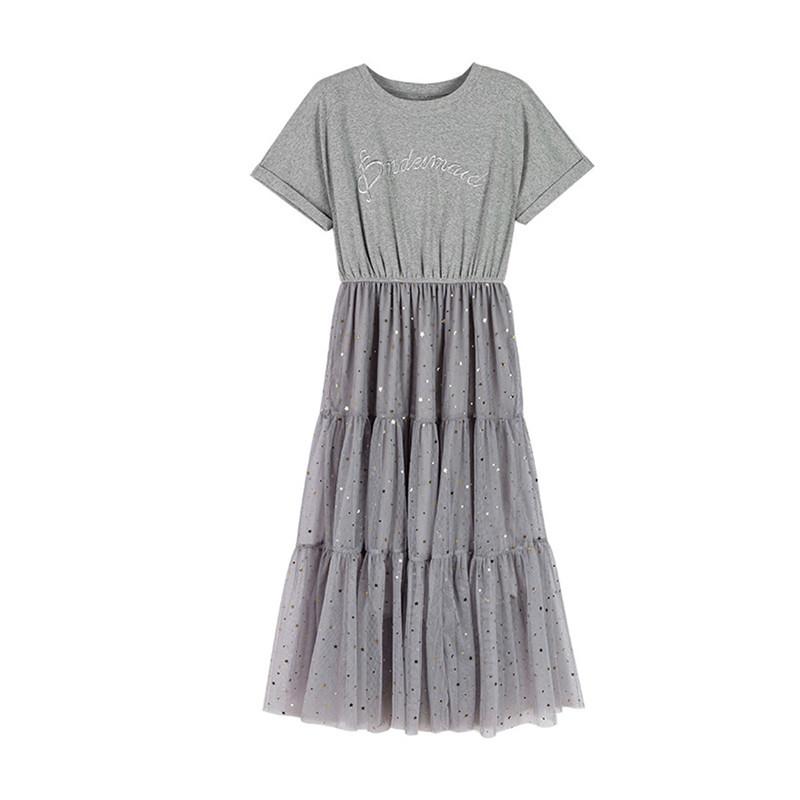 Fake Two-piece Dress Female Summer New Temperament Fairy Skirt Sequined Medium and Long Mesh Skirt Women's Clothing