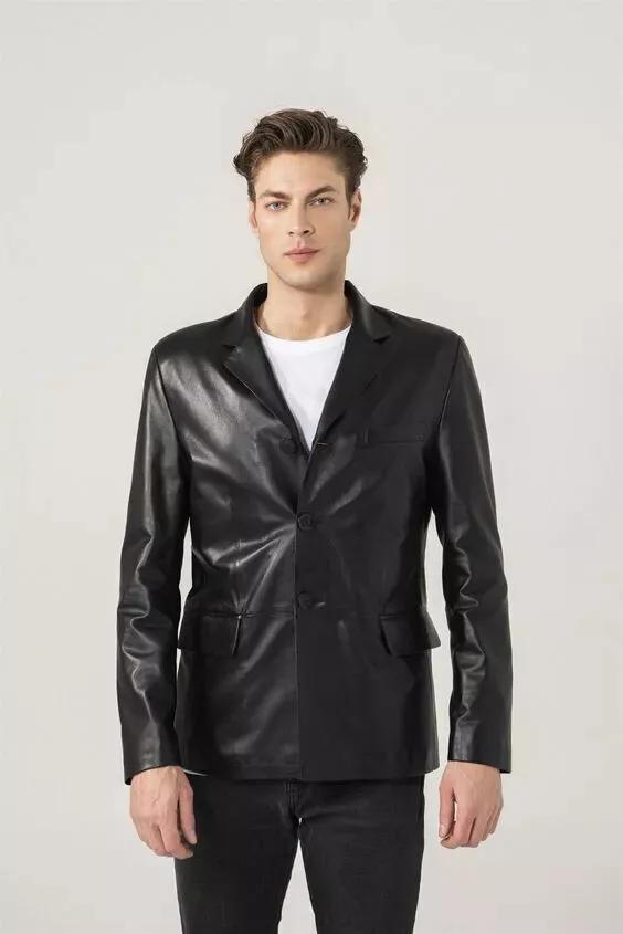 Business Formal Lambskin Hot Handmade Genuine Leather Stylish Black Men Blazer