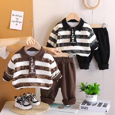 Boys' Long Sleeved Two-piece Set - Tie Striped POLO Shirt+casual Pants - High-quality Clothing - Size S-XXL