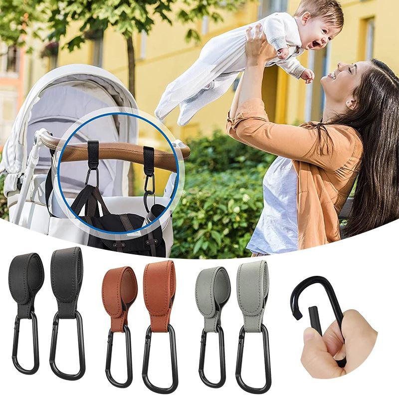 PU Leather Stroller Hooks, Walker/Child Seat Handle, Portable Carabiner Strap Clip for Pushchair, Heavy Duty 20kg