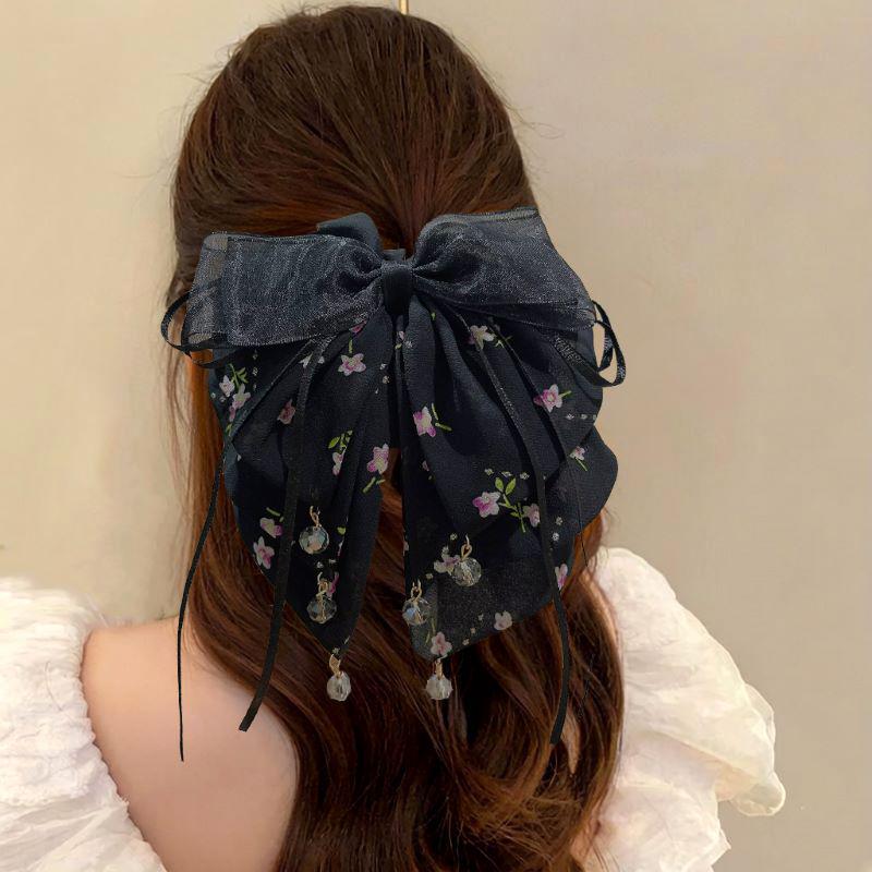 Clips de păr coadă de cal cu fundă florală din șifon făcută manual pentru păr voluminos