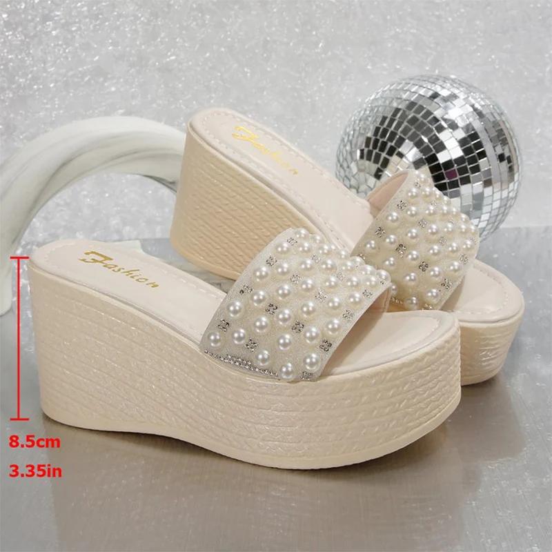 Fashion Summer Plus Size Women's Shoes Pearl Wedge Slippers for Women Beach Platform Woman Slippers Fashion Diamond Slides Woman Sandals