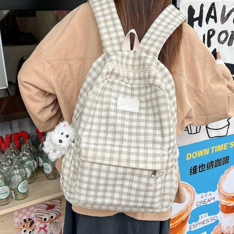 Mori Style Corduroy Plaid Schoolbag Female Junior High School Student Large Capacity Casual Versatile Backpack Travel Backpack