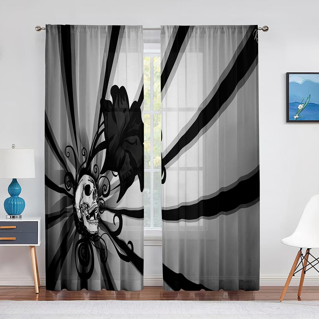 Czaszka Kwiatowy Szkielet Kolorowe Kwiaty Przezroczysta Woalowa Zasłona do Salonu Sypialni Draperia Okienna Kuchenna Szyfonowa Tiulowa Zasłona