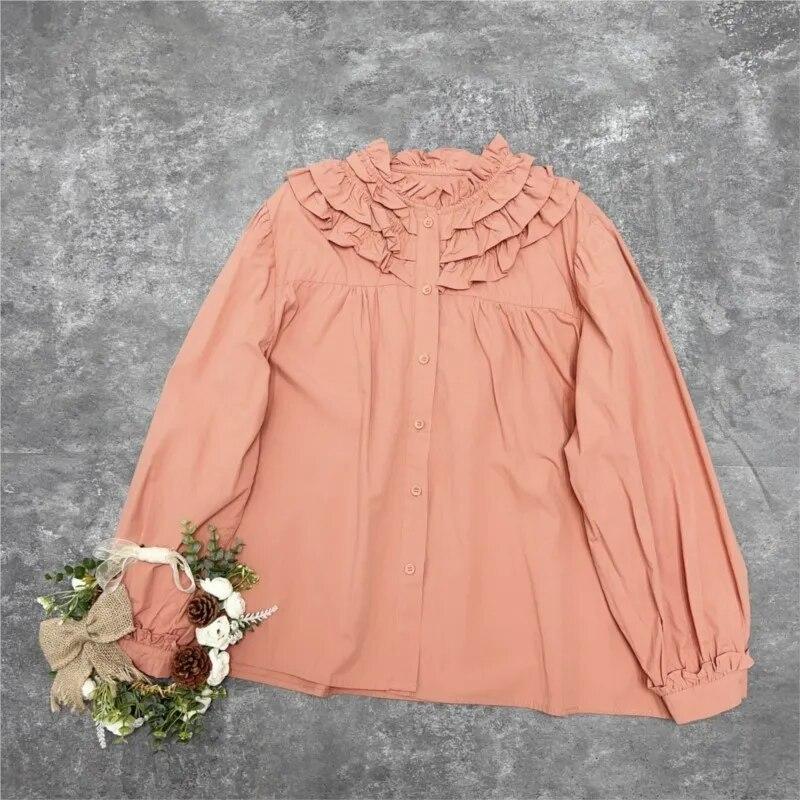 Johnature Japanese Fungus Collared Shirt Mori Women French Long-sleeved Loose Solid Color Casual Vintage Cotton Shirts