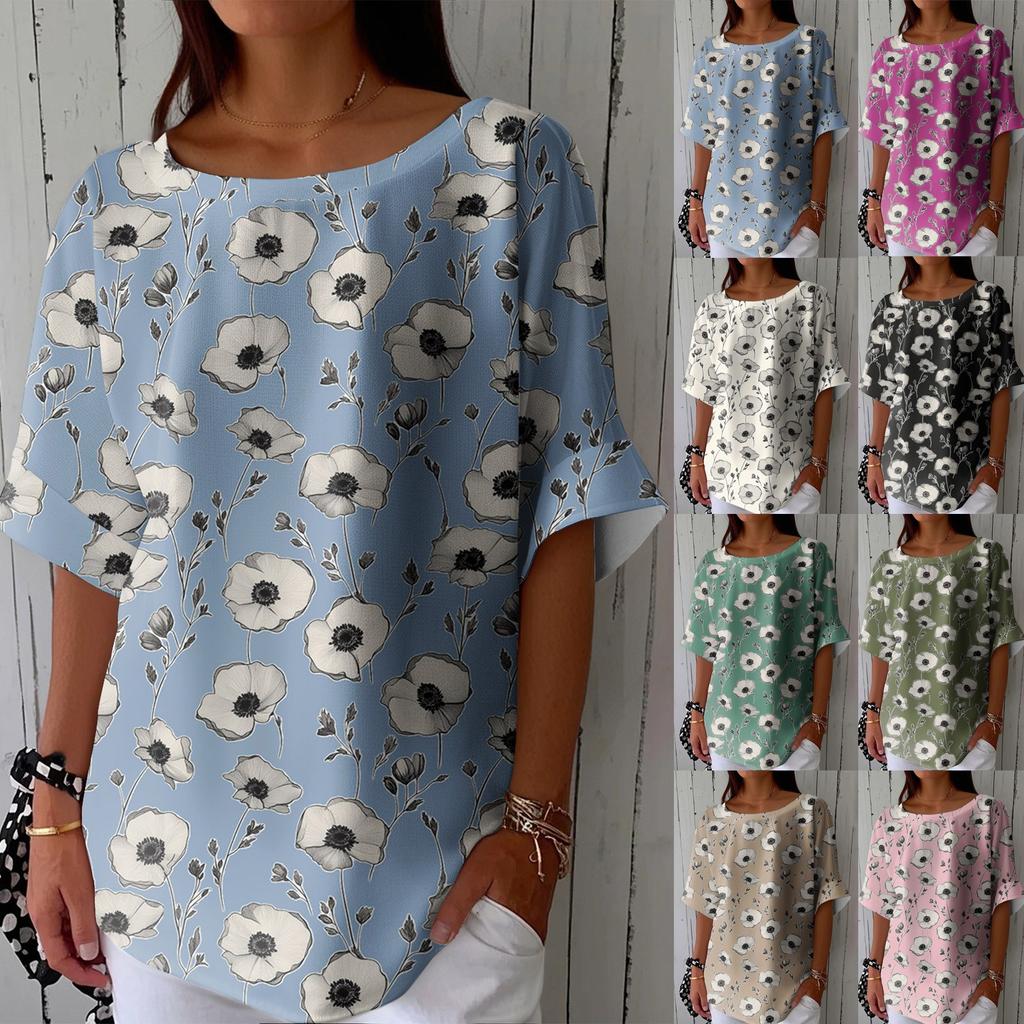 Women's Fashionable Casual Round Neck Printed Top Loose Top Printed Top Loose Top