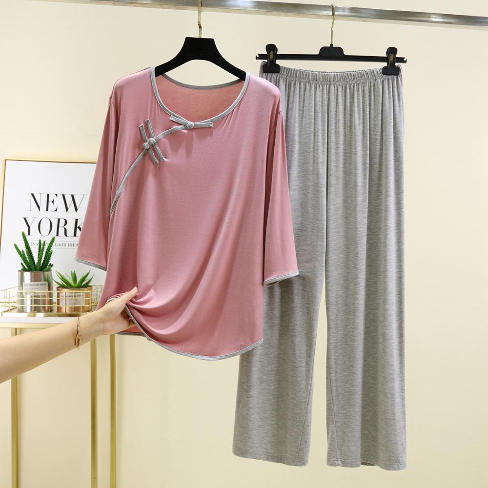 Pigiama con Fibbia Donna Primavera Estate Vestibilità Larga Taglie Forti Pantaloni Abbigliamento per la Casa Set Due Pezzi Capo Esterno