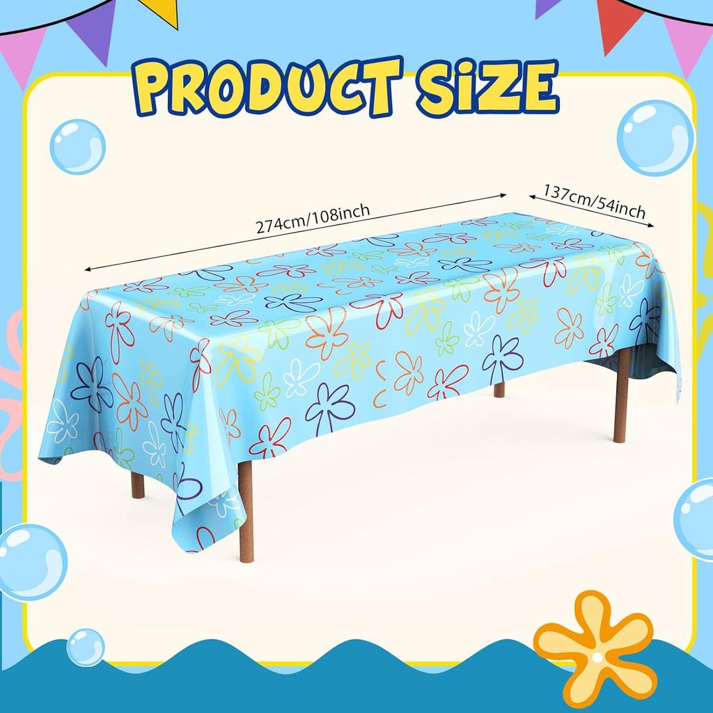 Oudain 2 Sheets Sponge Birthday Party Supplies Blue Ocean Flower Tablecloth 54 x 108 Inch Plastic Table Covers for Birthday Party Decorations