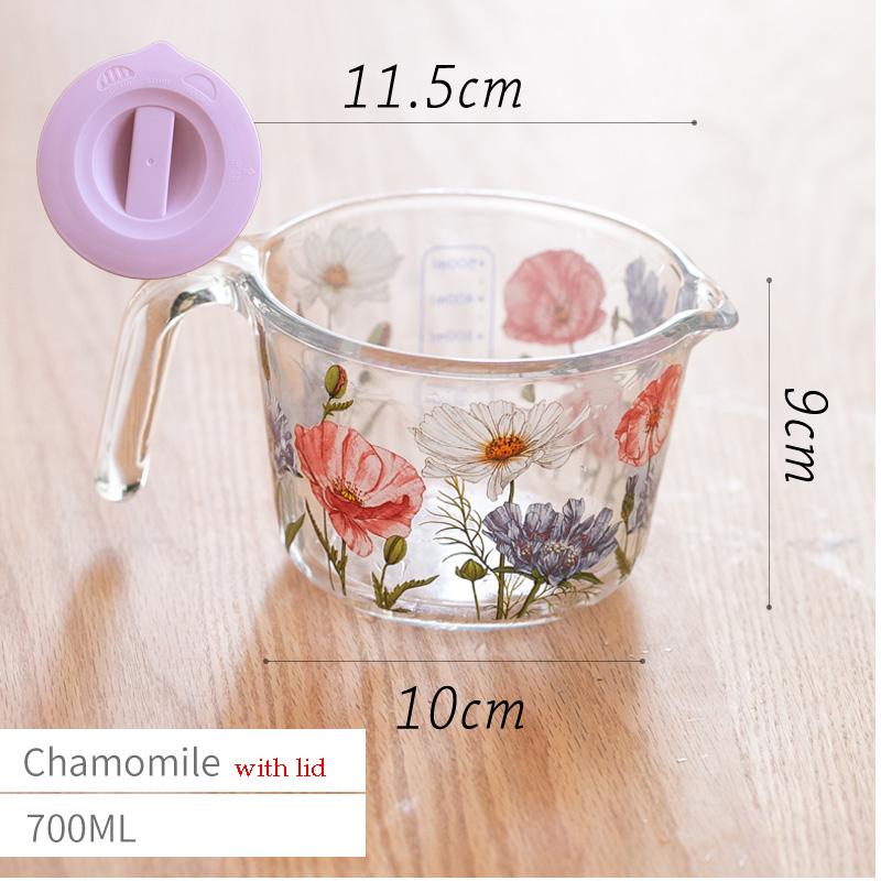 Retro Flower Measuring Cup with Lid Glass Milk Juice Cup with Scale Measuring Jars Household Kitchen Gadgets Baking Cooking Tool