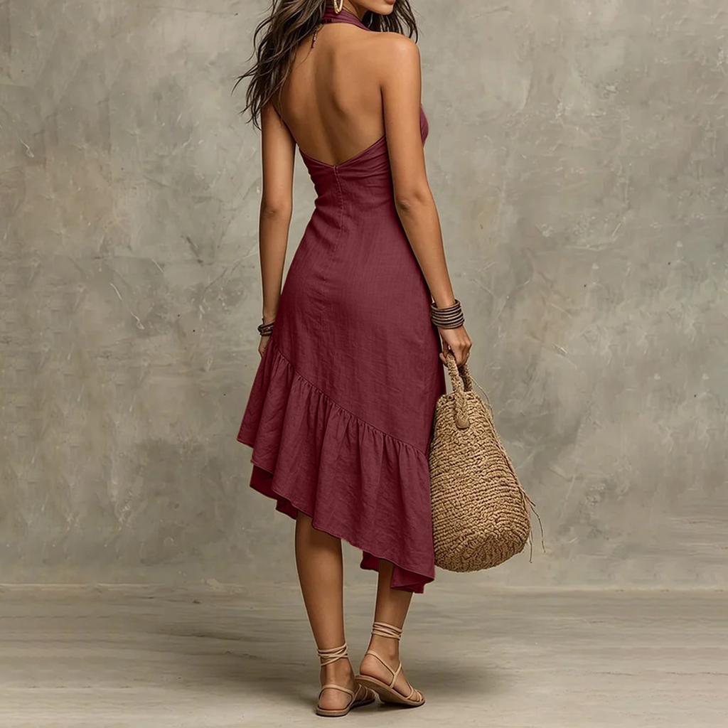 Damen Neck Ärmellos Asymmetrisch Rüschensaum Midi Sommerkleid Lässig Sommer Strand Schlank Passendes Kleid