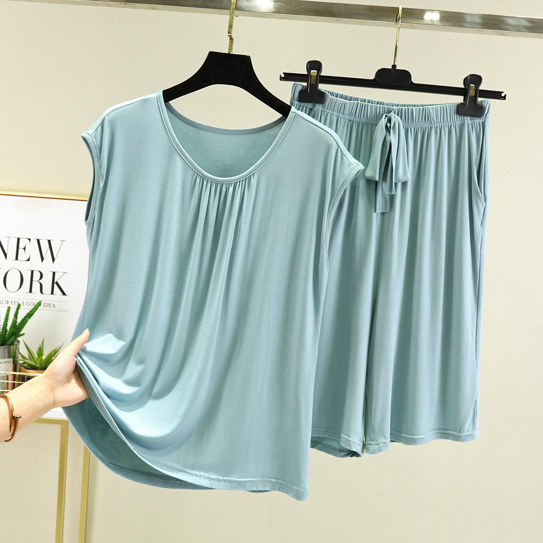 

Модальная рубашка без рукавов с круглым вырезом + брюки, женский летний свободный пижамный костюм большого размера, женская пижама, повседневный комплект из двух предметов XXL светло-синий