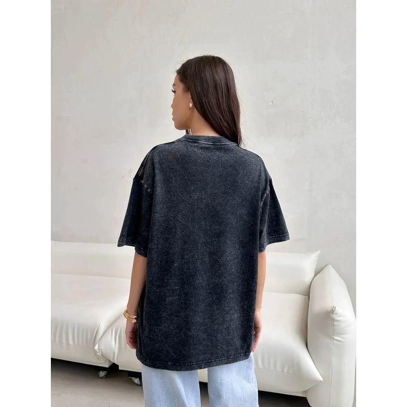 New Fashion T-shirt Fashion Fashion Casual Loose Washed-out Distressed Print Letters Cotton T-shirt Top