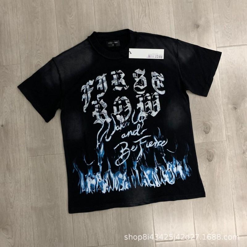 Unisex Oversized Box Fit Cotton Tee With Embroidered Rhinestone Washed Print Round Neck Short Sleeve Casual Top