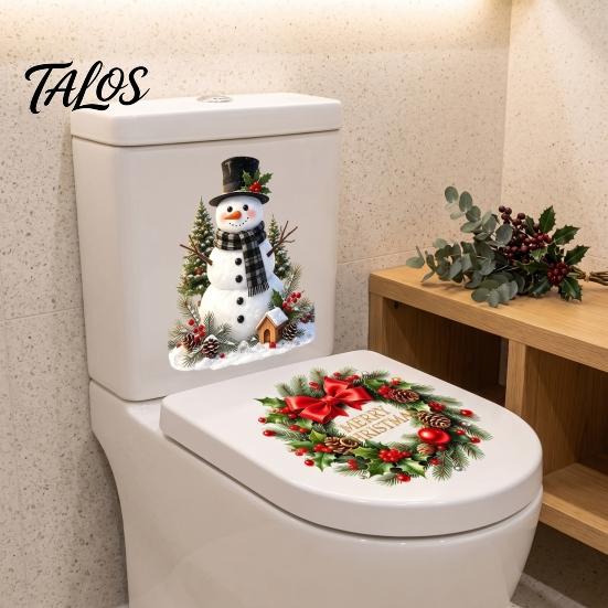 Seasonal Toilet Sticker Christmas Snowman Wreath Sticker, Peel And Stick Bathroom Decor Easy Apply Decal Decal, Removable Waterproof Lid Wall