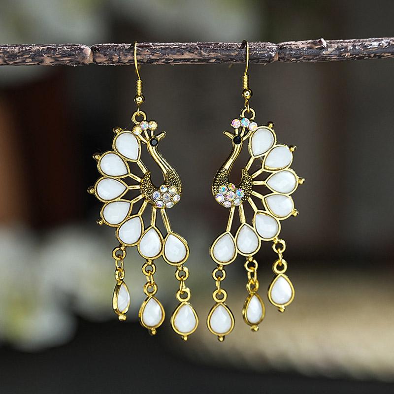 White Enamel Peacock Water Drop Feather Earrings for Women Ethnic Elegant Long Crystal Rhinestone Earring Boho Vintage Jewelry
