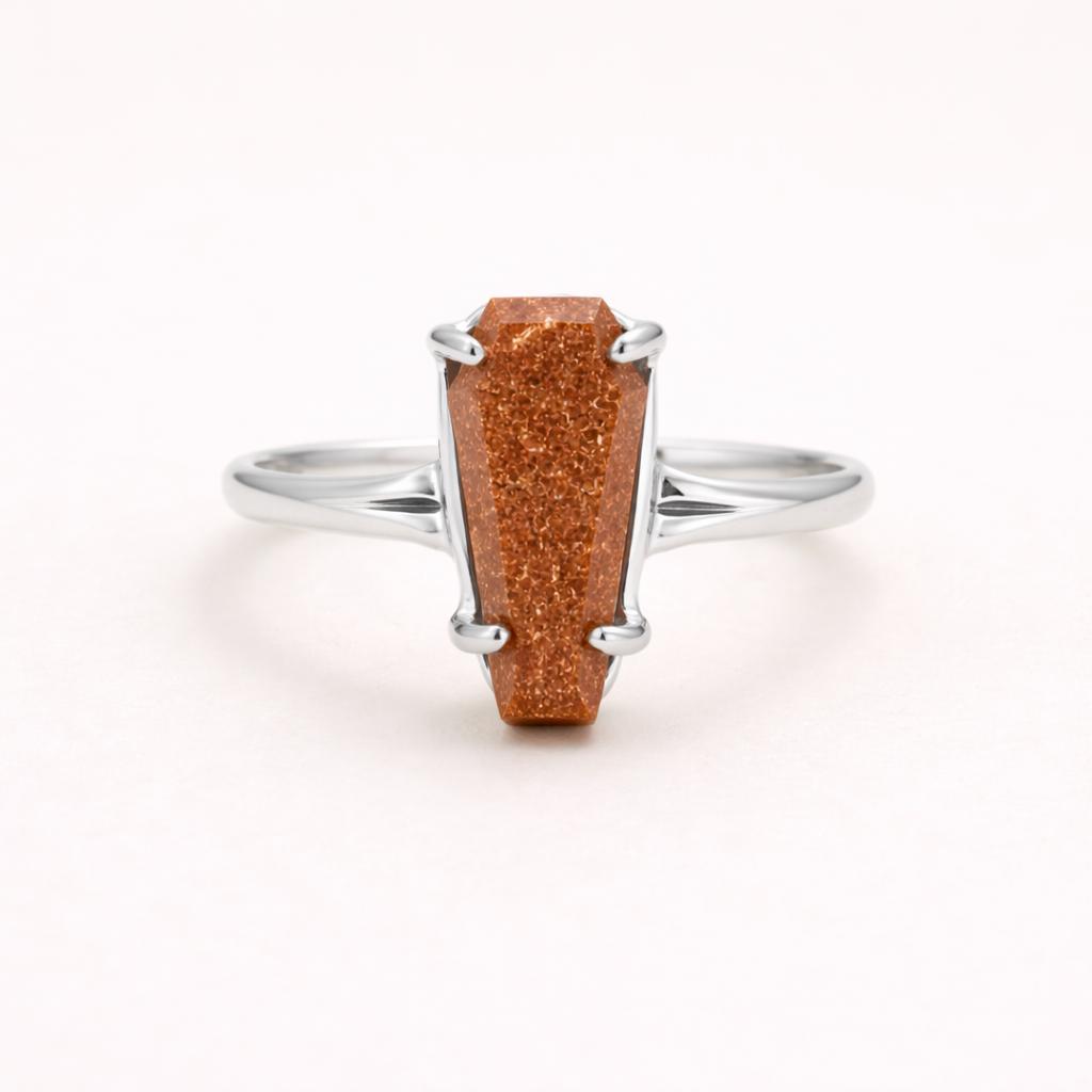 

Brown Goldstone Coffin Ring in Sterling Silver, Cabochon Gemstone Prong Set Ring, Celestial Sparkle Statement Jewelry 4 серебряный