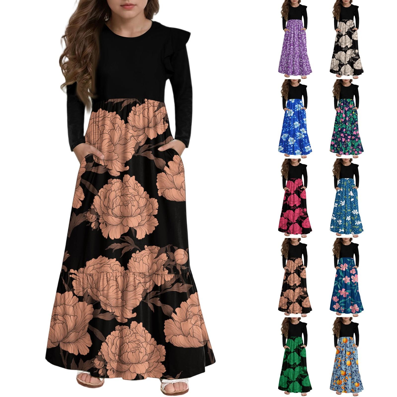 

Girls Tiered Ruffle Dress - Long Sleeve Printed Maxi With Pockets 150 фіолетовий