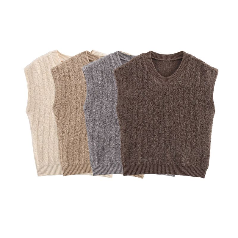 Kaslead New Arrival Women's Clothing Fashion Style Fashion round Neck Vertical Stripes Pullover Knitted Sweater Vest