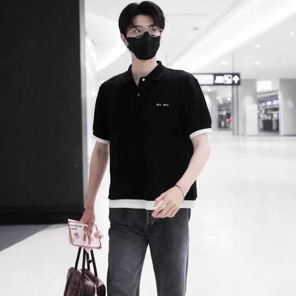 Miu Style Unisex Colorblock Poloshirt mit kurzen Ärmeln und Zwei-Knopf-Design