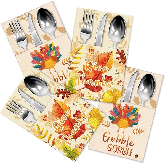 Thanksgiving Cutlery Holders Set 24PCS Fall Leave Turkey Utensil Holders for Autumn Fall Harvest Party Supplies Thanksgiving Turkey Utensil Holder