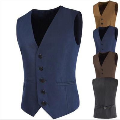 Men Suit Vest V-Neck Sleeveless Single-Breasted Suit Jacket Solid Color Pockets Design