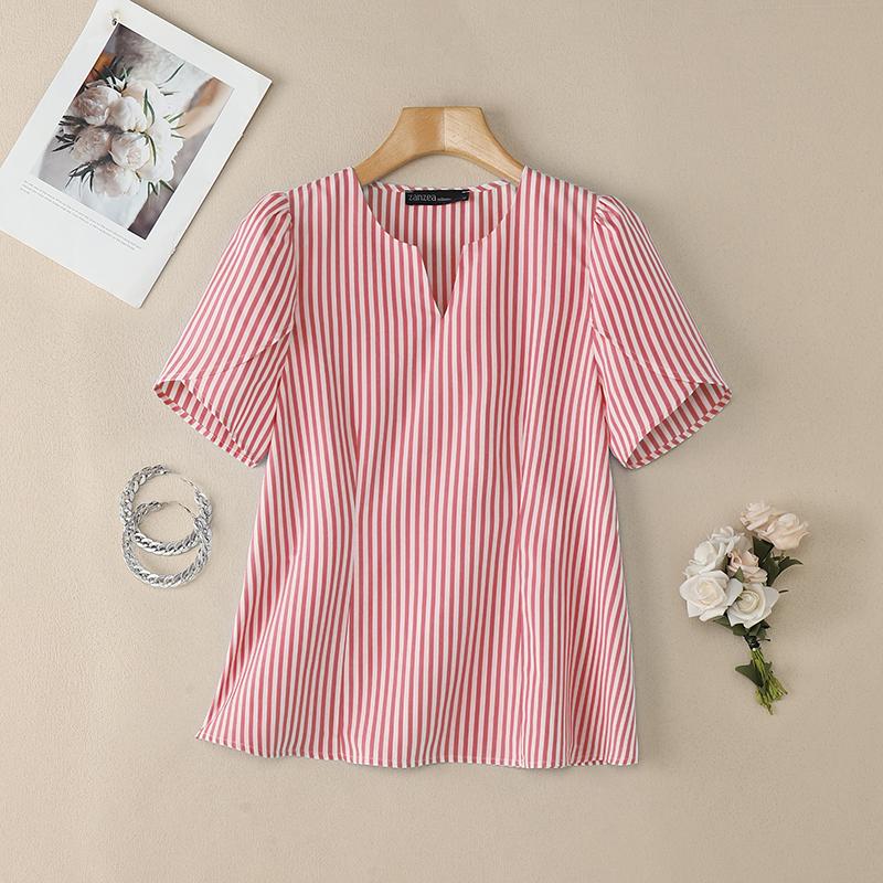 ZANZEA Women Casual V-Neck Loose Short Sleeve Stripe Blouse