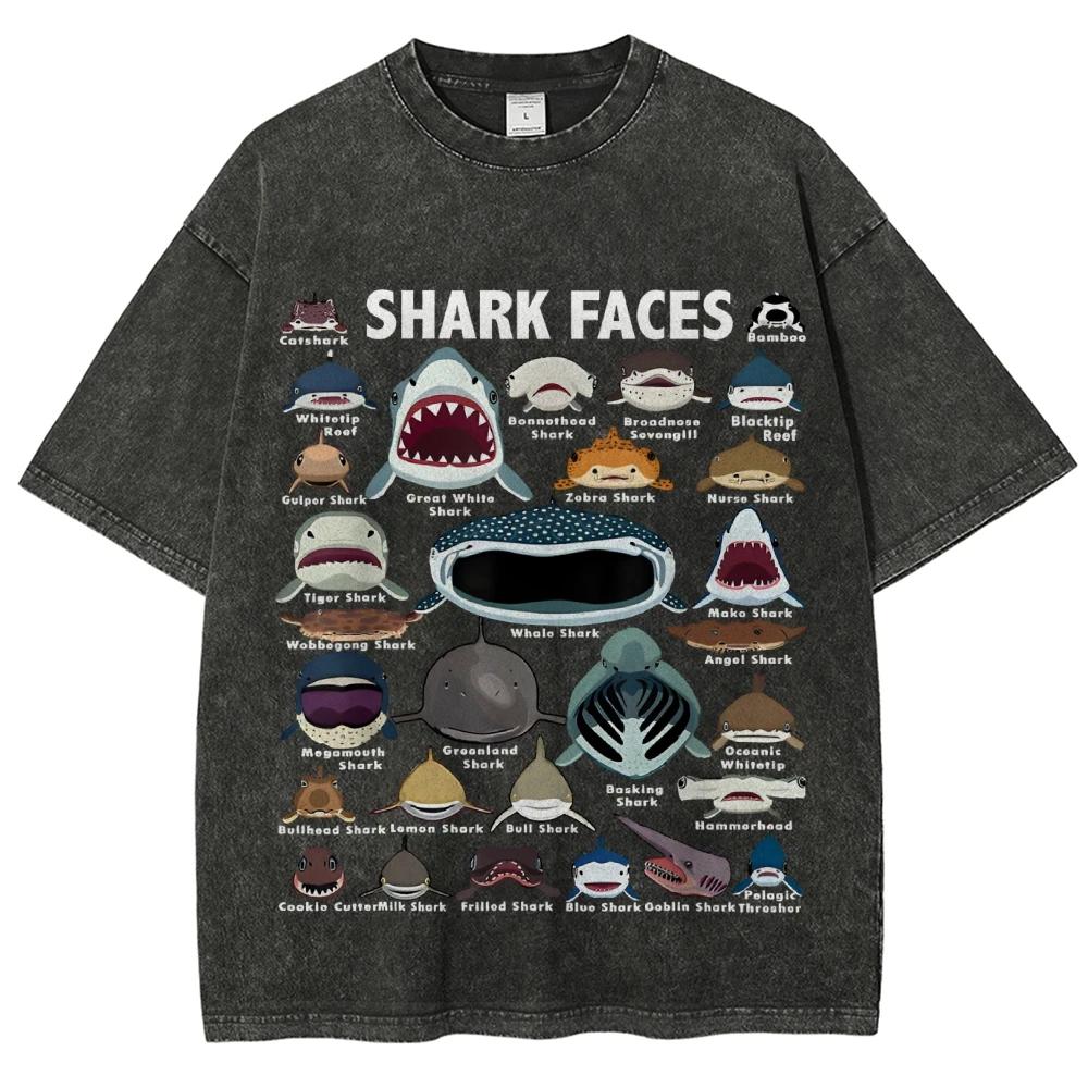Vintage-style Men's and women's T-shirts with various shark prints high-quality washed and distressed casual short sleeves