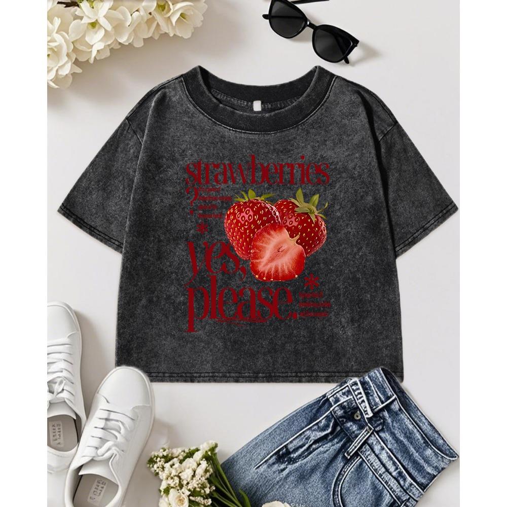 Strawberries Fruit Yes Please Print Washed Crop T-Shirt Womens Fashion Cotton T Shirts Multicolor Clothes Tops