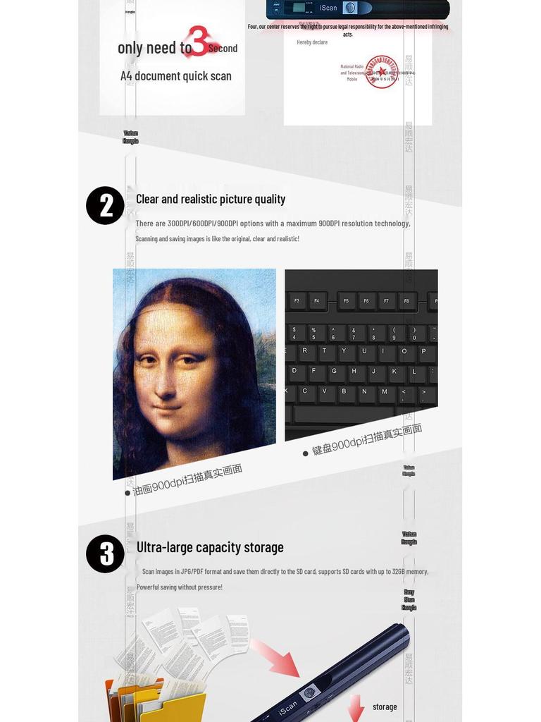 High-Definition 900DPI Portable Handheld A4 Pen Scanner