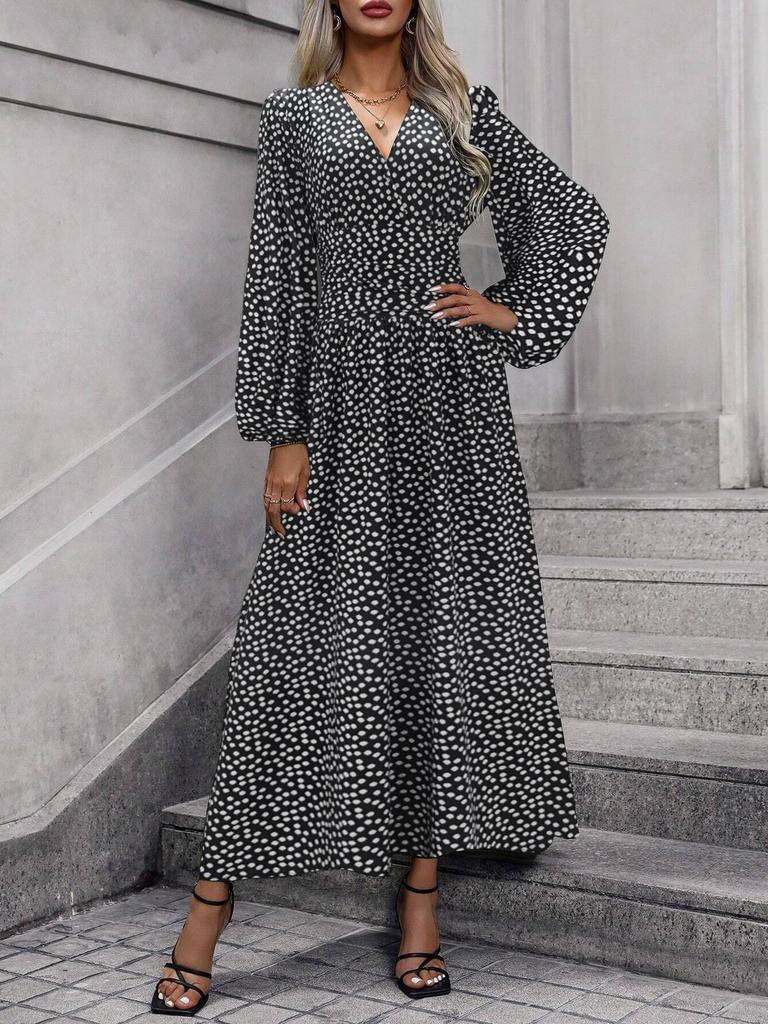 Women Dress Autumn Winter Women's Lantern Sleeve Dress Smocked Design High Slit Elegant Long Sleeve Midi Dress