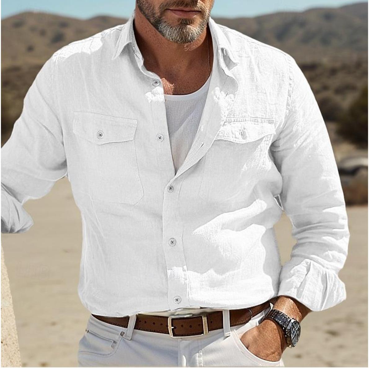 

Men s Light Blue Linen Long Sleeve Shirt with Chest Pocket, Casual Button-Up Shirt XXXL білий