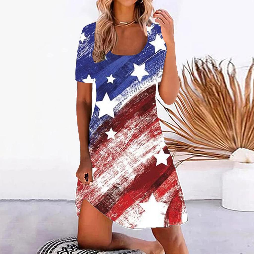 Ladies Sexy Fashion Positioning Print Square Neck Patchwork Short Sleeve Dress