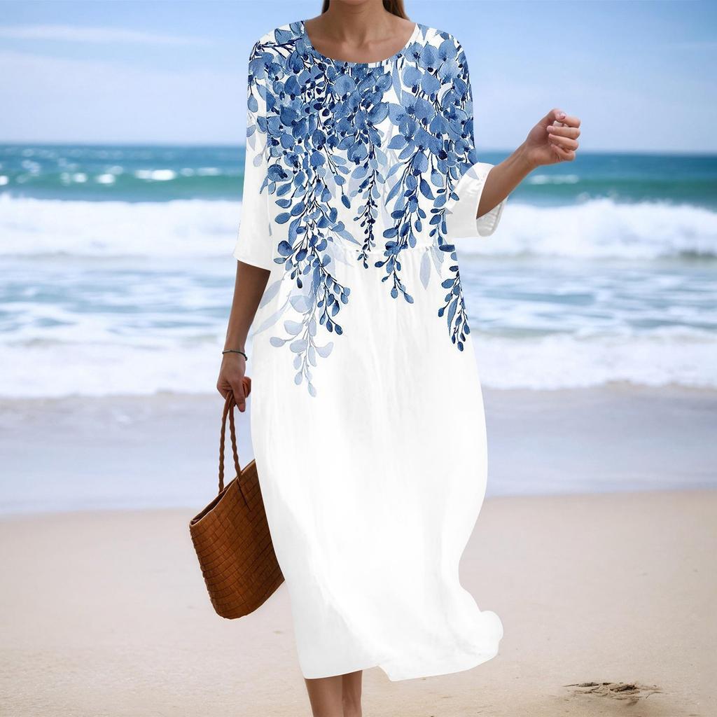 Women's Fashionable Printed Round Neck Seven Quarter Sleeve Loose Dress