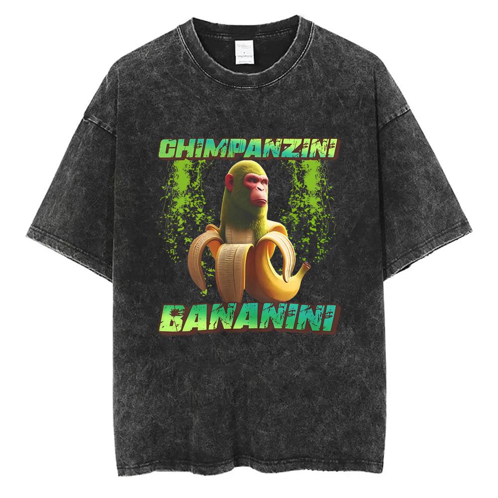 Italian Brainrot Chimpanzini Bananini Vintage Washed T-shirts Banana Monkey Funny Meme T-shirt Casual Geek T Shirts Unisex