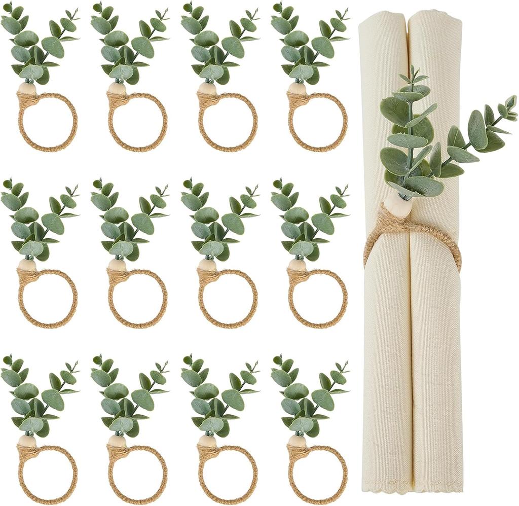 Boho Eucalyptus Leaf Napkins Rings, Napkin Rings Set of 6, Wood Bead Farmhouse Easter Napkin Holder for Weddings Christmas Party Table Decoration
